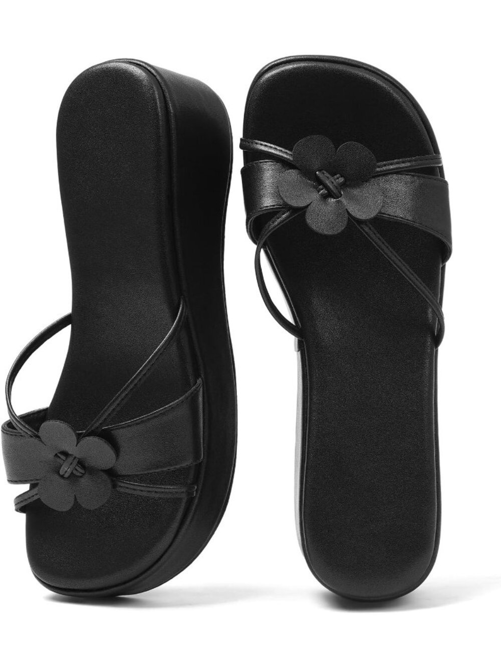 Women's Black Faux Leather Comfortable Chunky Floral Square Toe Wedge Sandals
